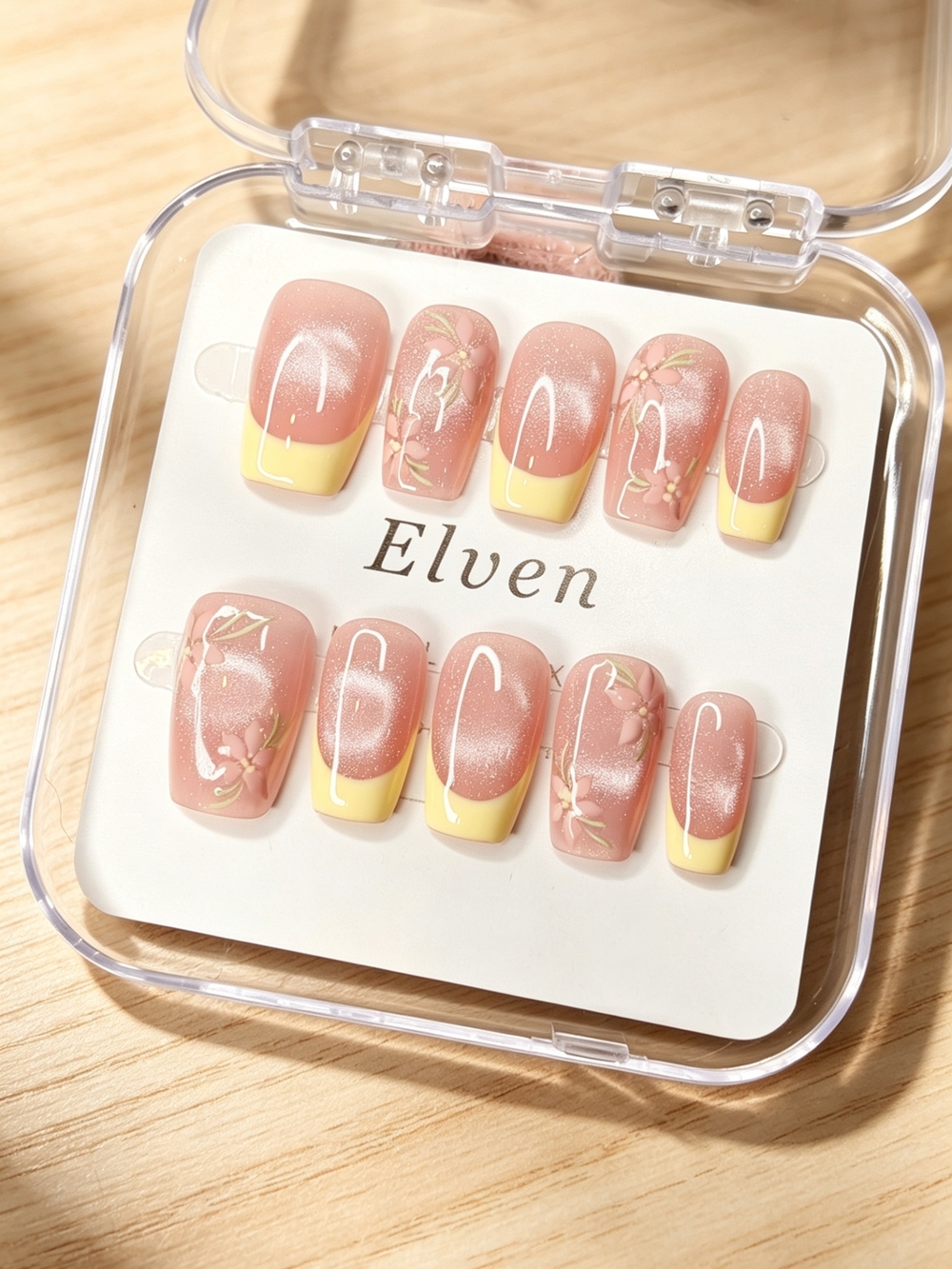Pink Cat Eye & Floral Yellow French Tip Short Square Press On Nails Set